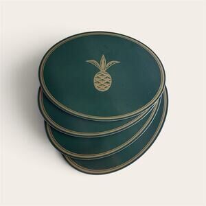 Vintage Acorn New Canaan CT Cork Placemats Emerald Green With Gold Pinapple 4pcs